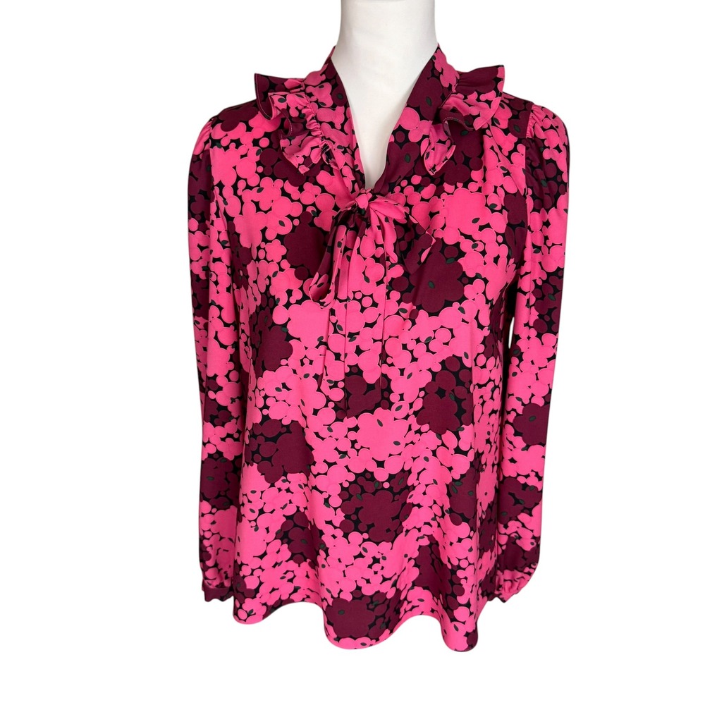Kate Spade Pink Floral Ruffle‎ Tie Neck Blouse Long Sleeve Top Small Bright